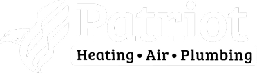 Logo for Patriot Heating, Air, Plumbing, featuring an eagle head with stylized stripes to the left of the company name and services listed below.