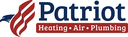 Logo for Patriot Heating, Air, Plumbing featuring a stylized eagle head with red and white stripes, and text in blue and red.